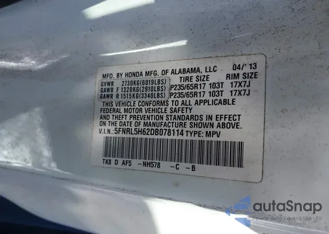 2013 Honda Odyssey Ex-L из США, поврежденный, VIN 5FNRL5H62DB078114